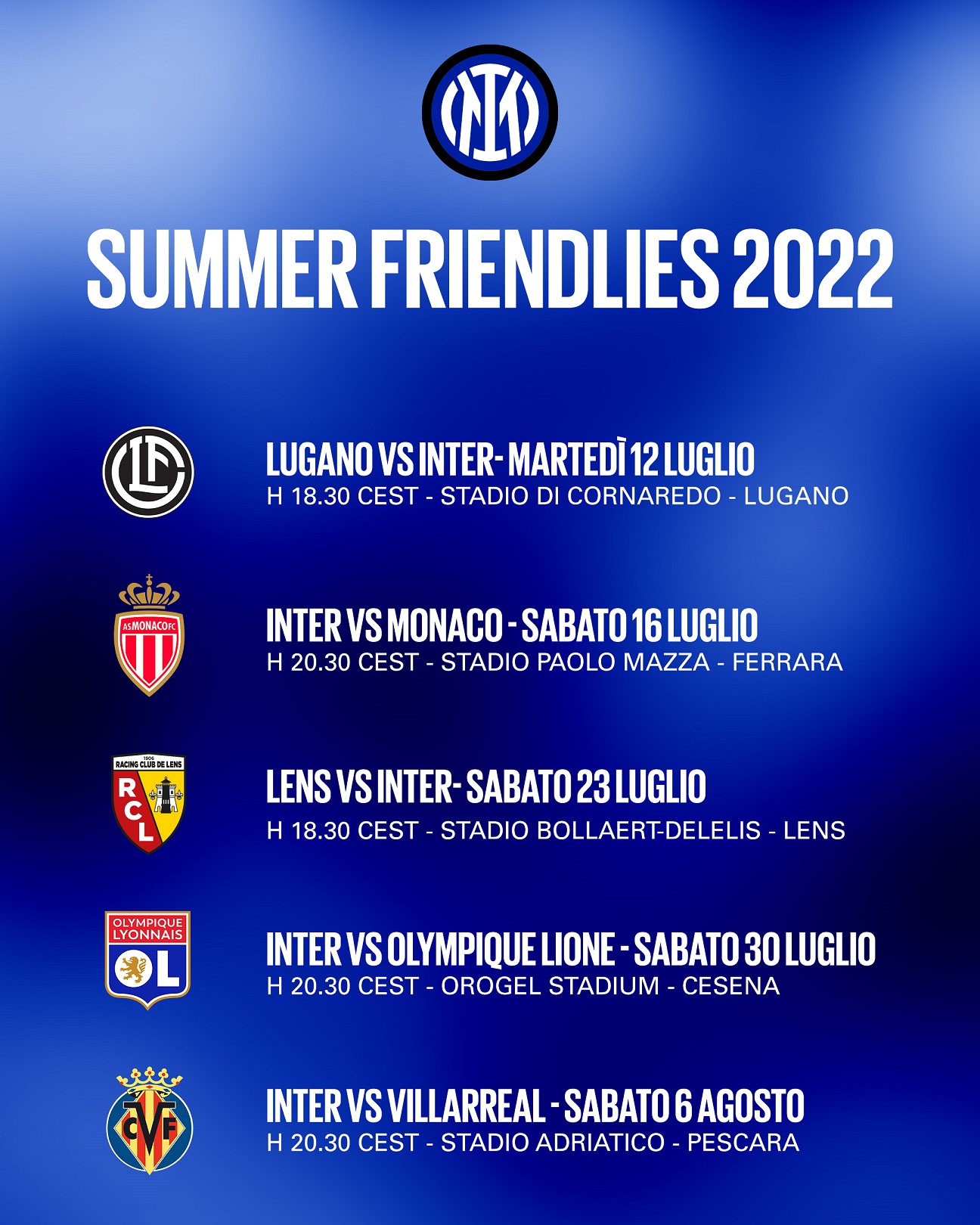 IL PROGRAMMA DELLE AMICHEVOLI ESTIVE DELL'INTER